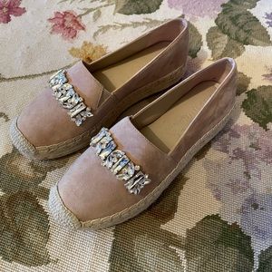 Karl Lagerfeld Blush Pink Suede Espadrille Flats with Crystal Accents